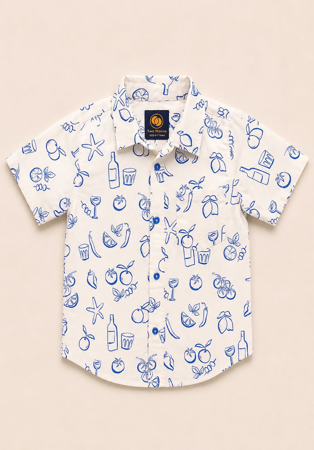 Front view of a white kids short-sleeve button-down shirt featuring a blue outline print of Mediterranean citrus fruits, leaves, and starfish.