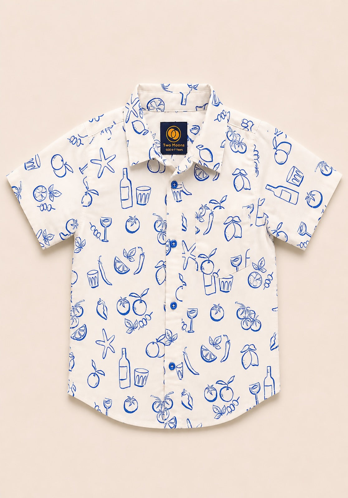 Front view of a white kids short-sleeve button-down shirt featuring a blue outline print of Mediterranean citrus fruits, leaves, and starfish.
