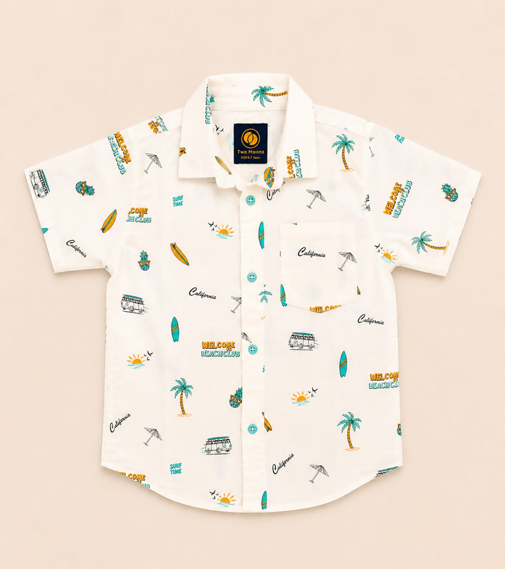 Front view of a white kids short-sleeve button-down shirt featuring a retro California beach club and surf print with turquoise buttons.