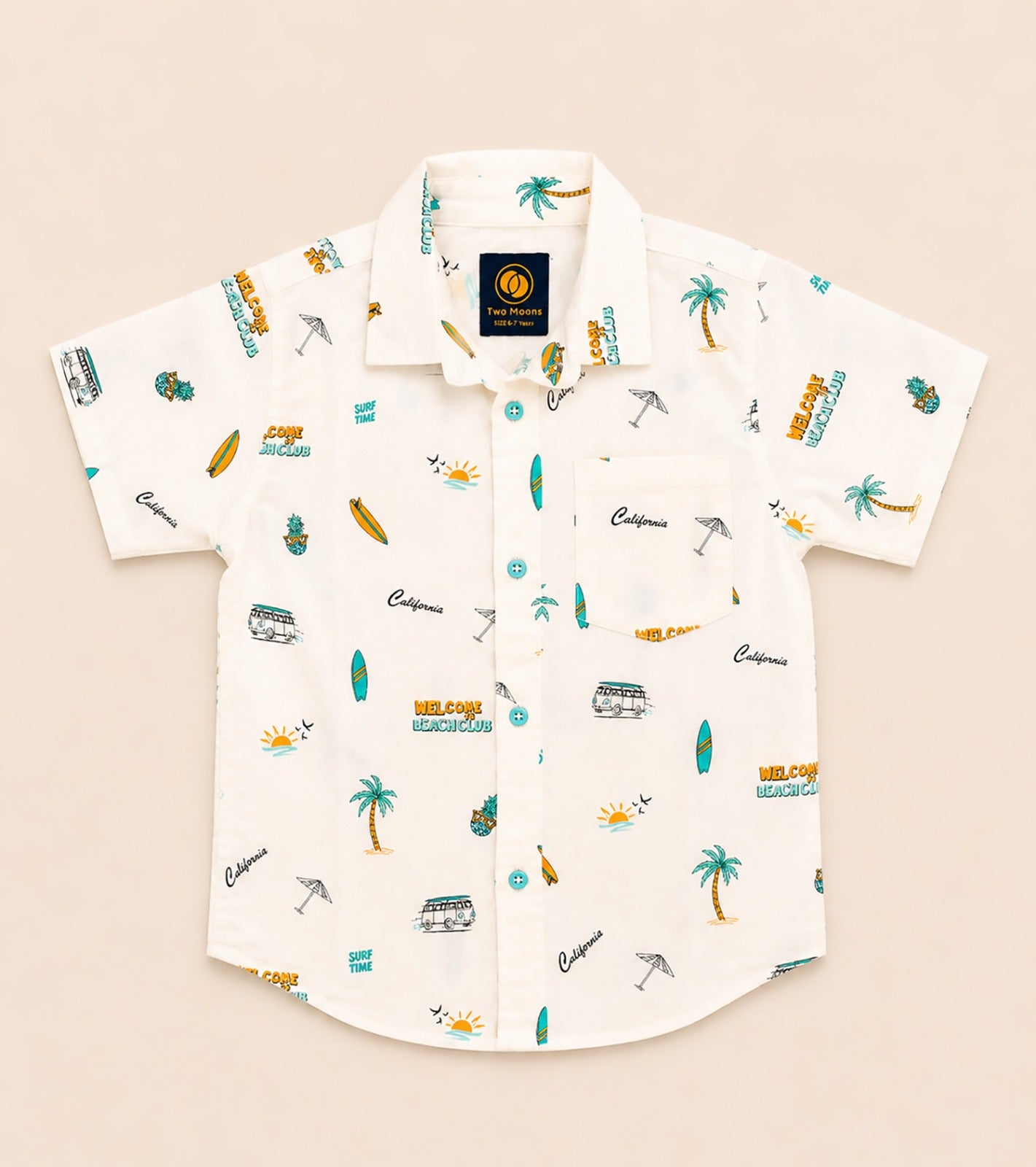 Front view of a white kids short-sleeve button-down shirt featuring a retro California beach club and surf print with turquoise buttons.