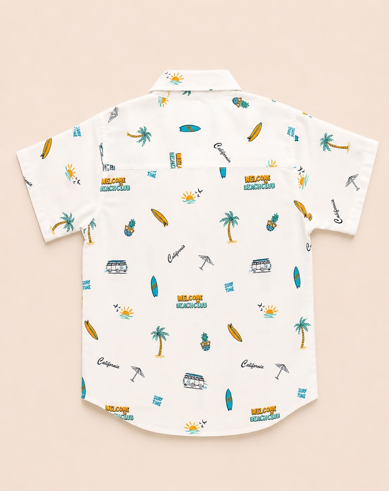 Back view of a white kids short-sleeve button-down shirt showing the vintage camper van, palm tree, and surf pattern.