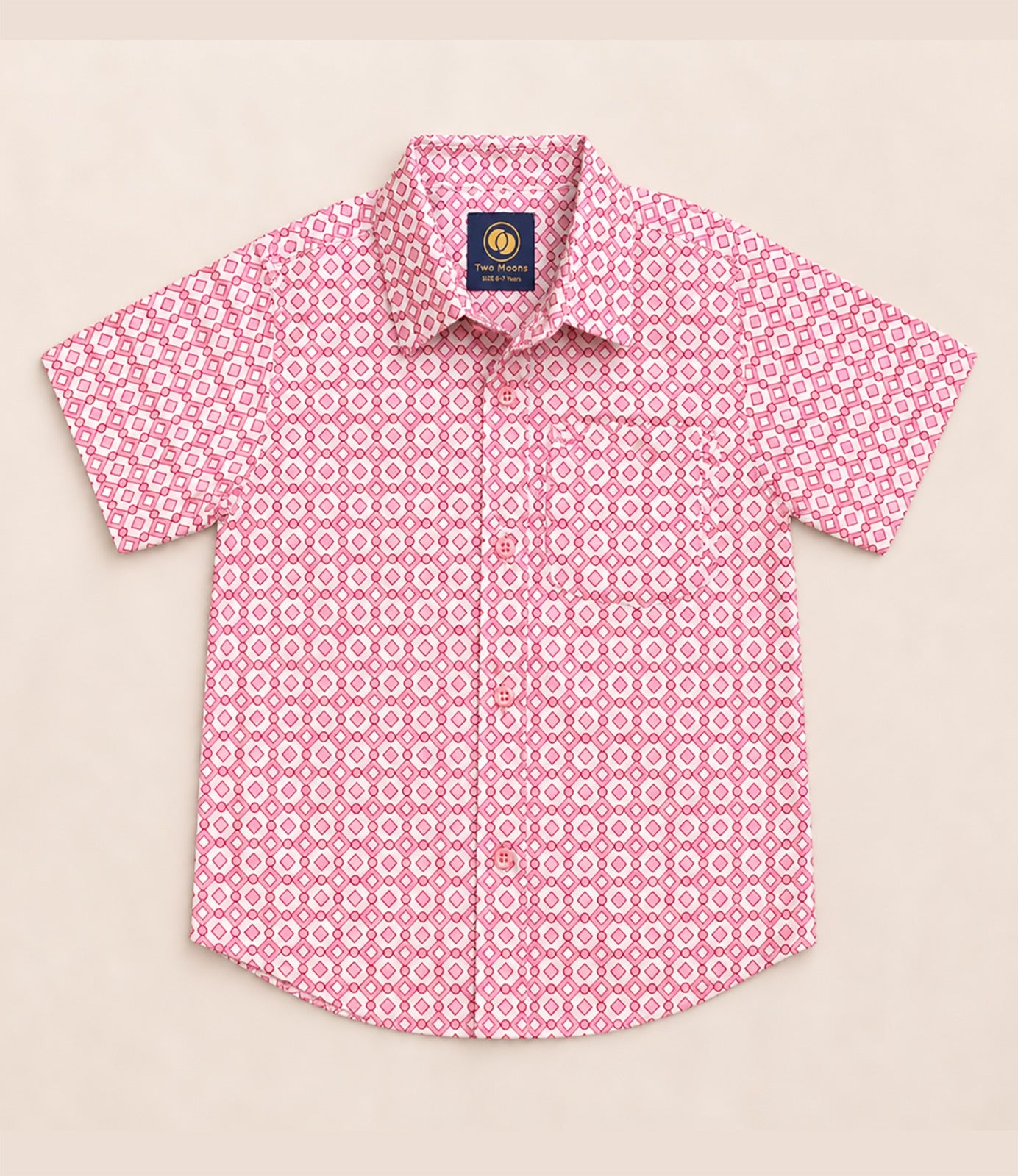 Front view of a pink and white kids short-sleeve button-down shirt featuring a geometric diamond pattern.
