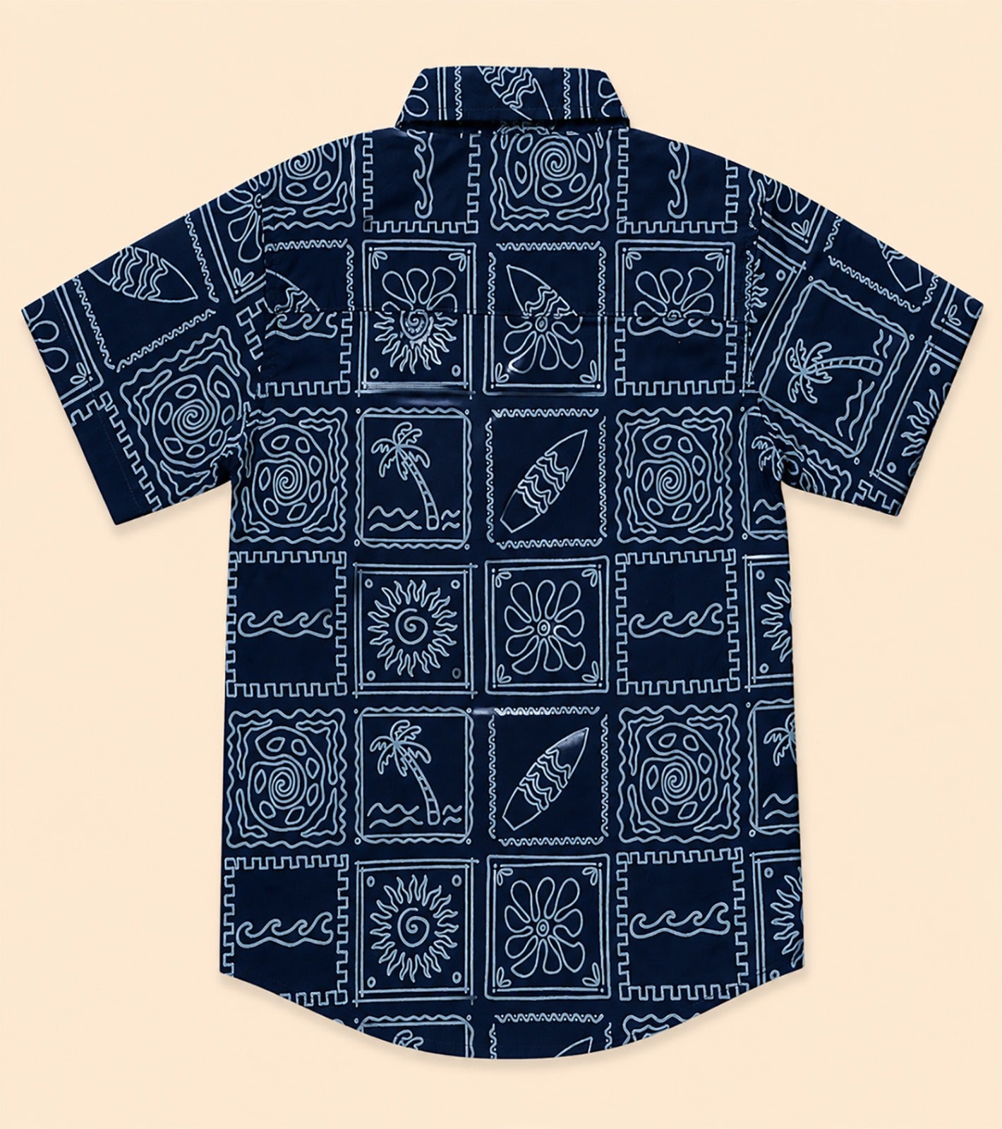 Back view of a navy blue kids short-sleeve button-down shirt displaying the repeating white line-art coastal surf pattern.