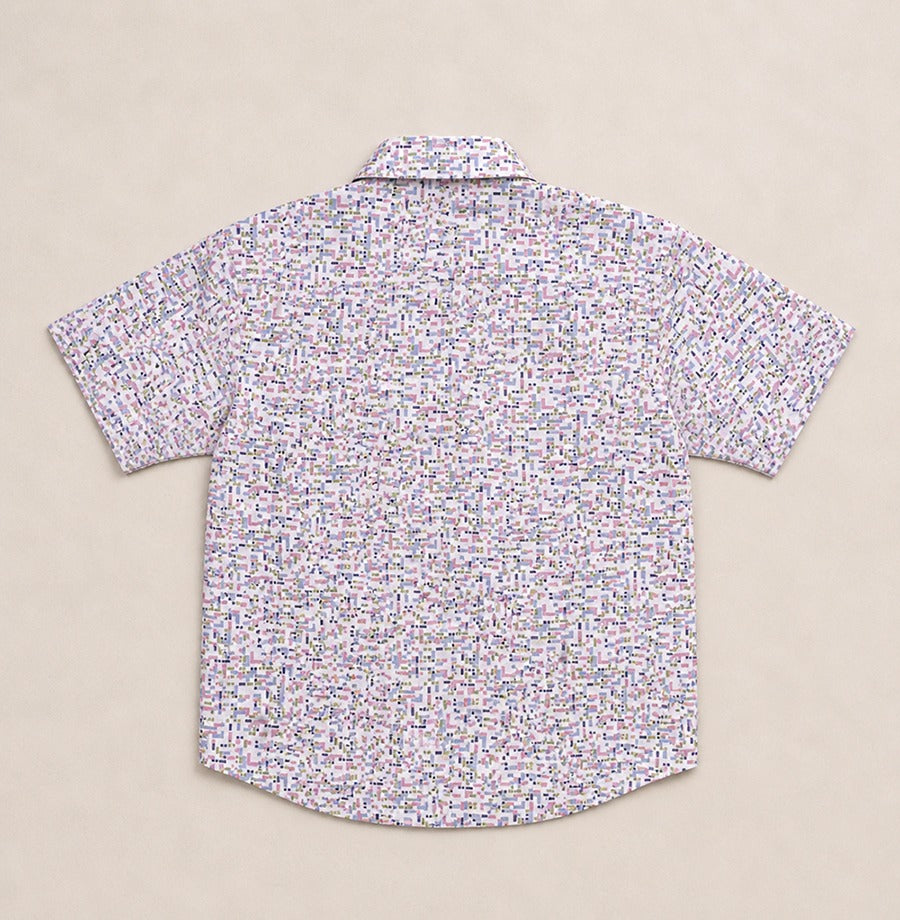Two Moons Canada kids short-sleeve button-down shirt back side featuring a pastel geometric mosaic print.