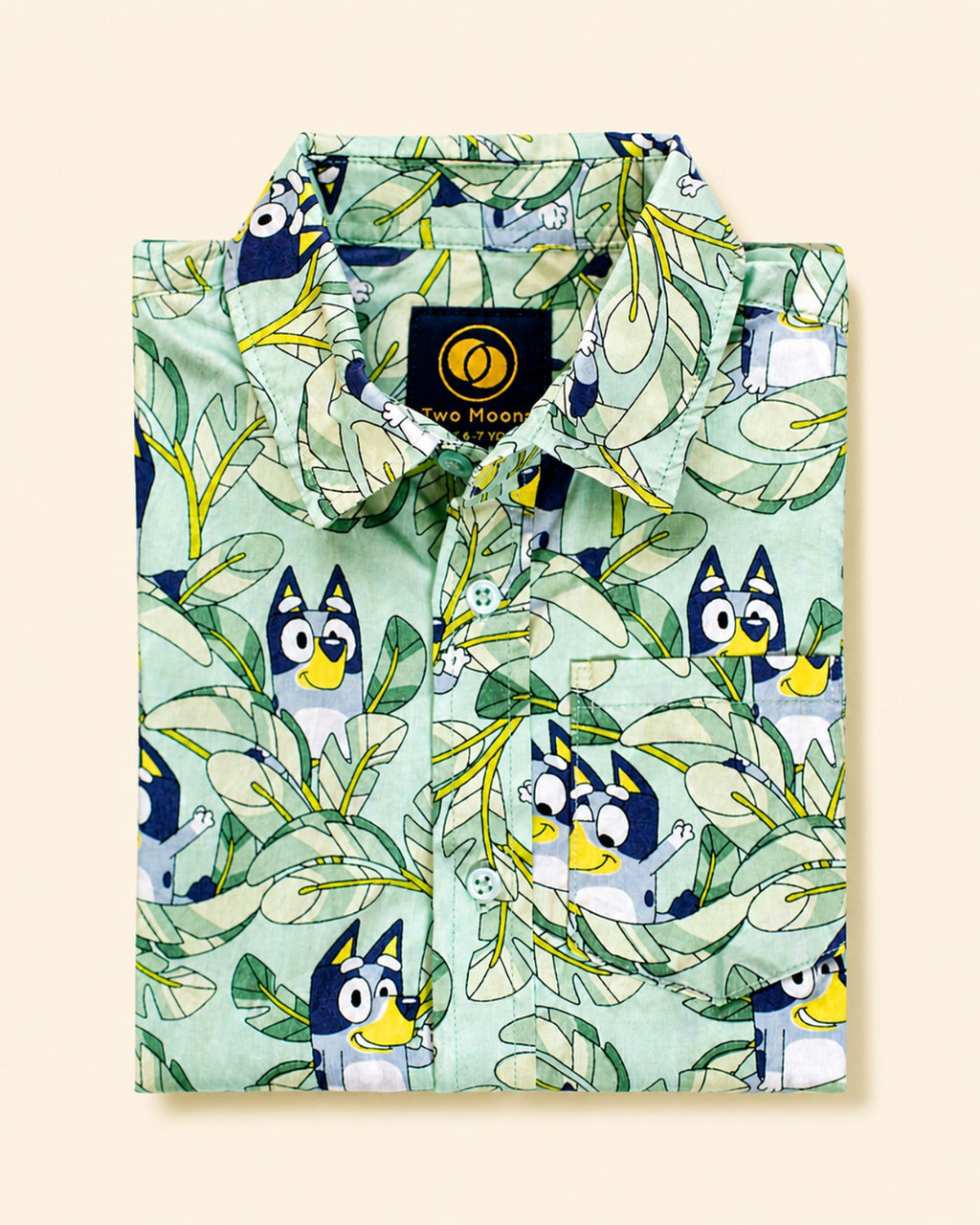 Folded Two Moons Canada kids short-sleeve button-down shirt featuring a cartoon blue dog and tropical green leaves on a mint background.