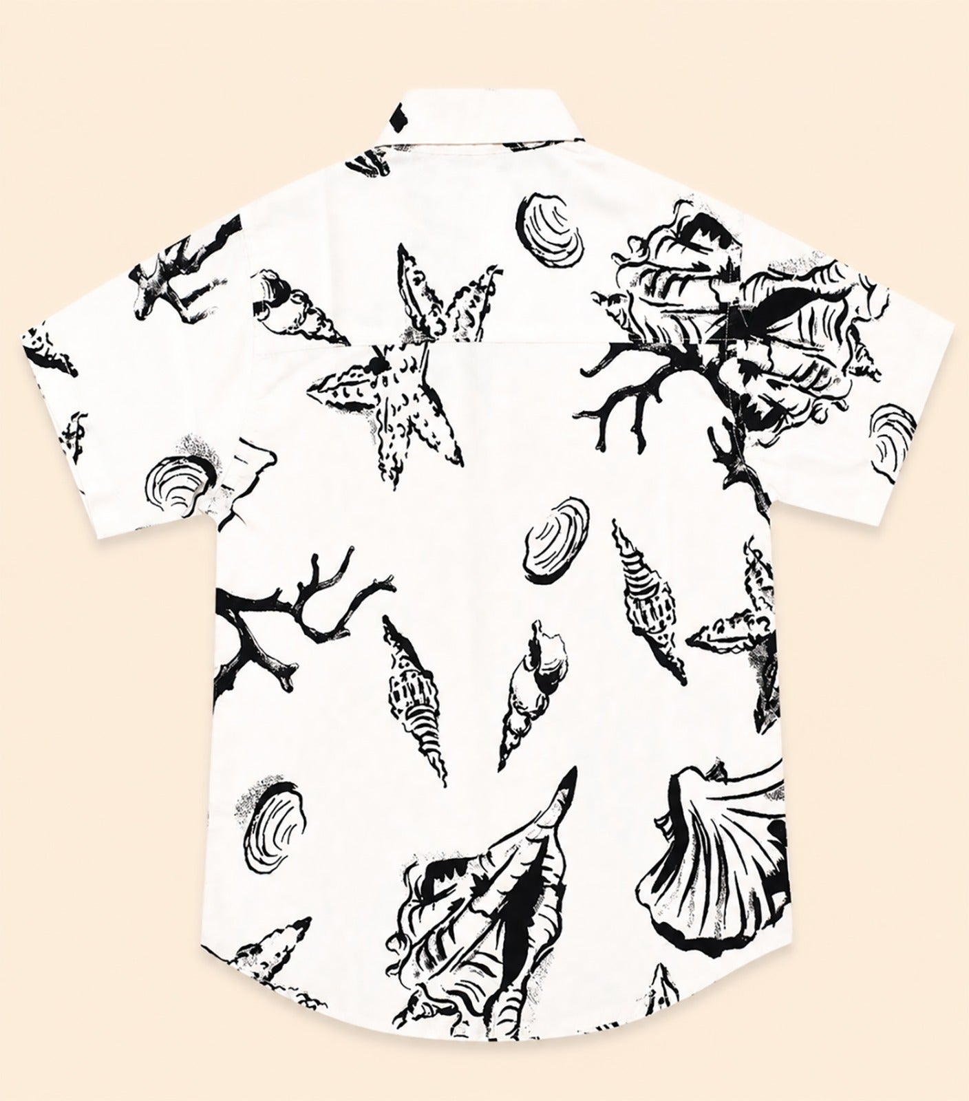 Two Moons Canada kids short-sleeve button-down shirt back side featuring a black and white illustrated sea life print with coral and starfish.