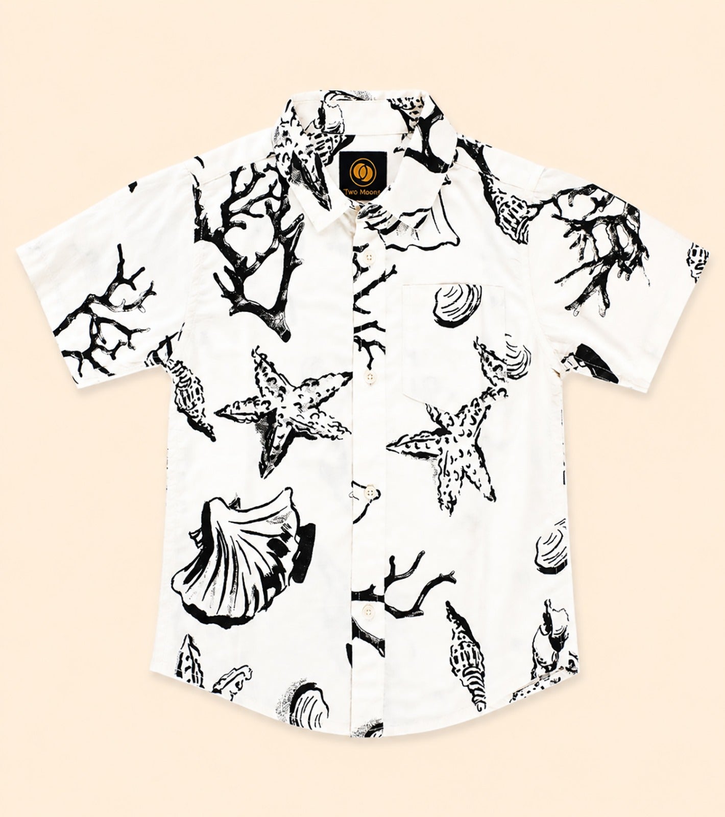 Two Moons Canada kids short-sleeve button-down shirt front side featuring a black and white illustrated sea life print with coral and starfish.