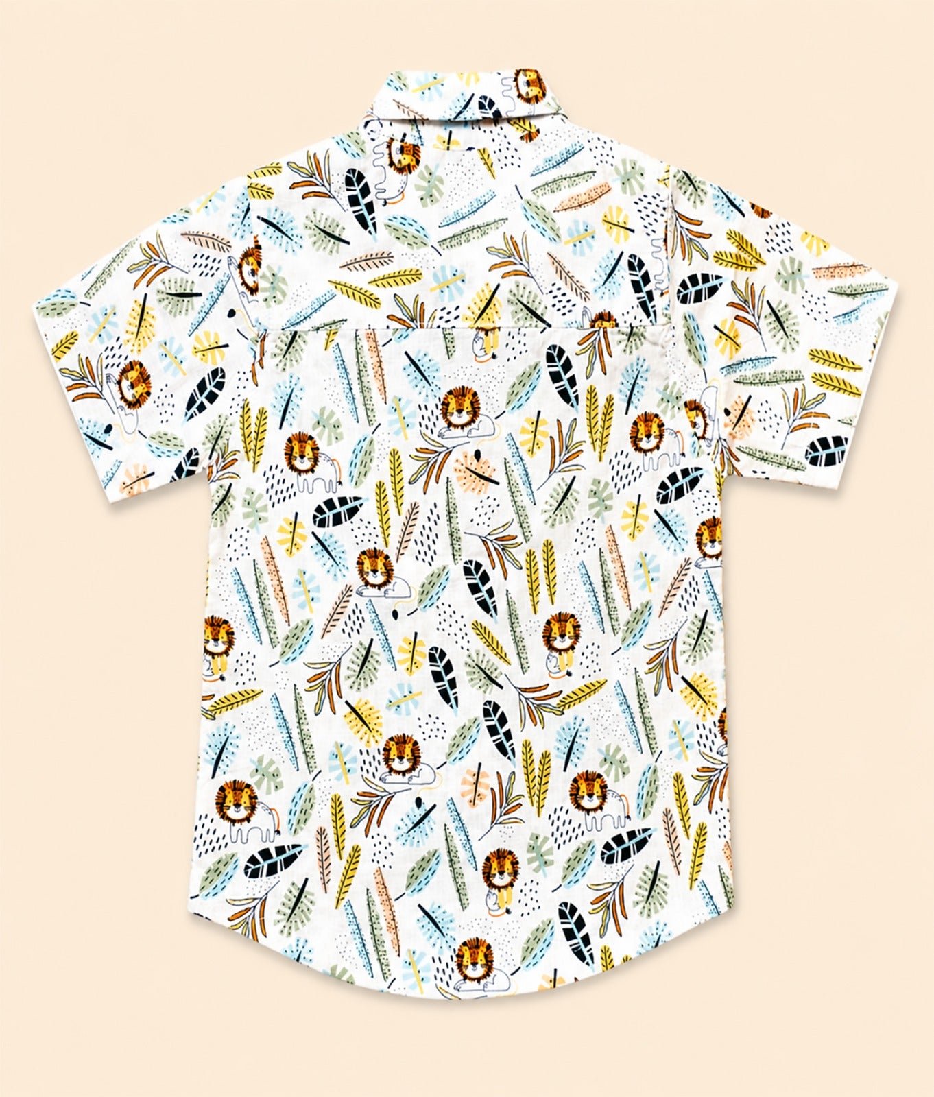 Back view of a white kids short-sleeve button-down shirt showcasing the colorful safari lion and botanical leaf print.