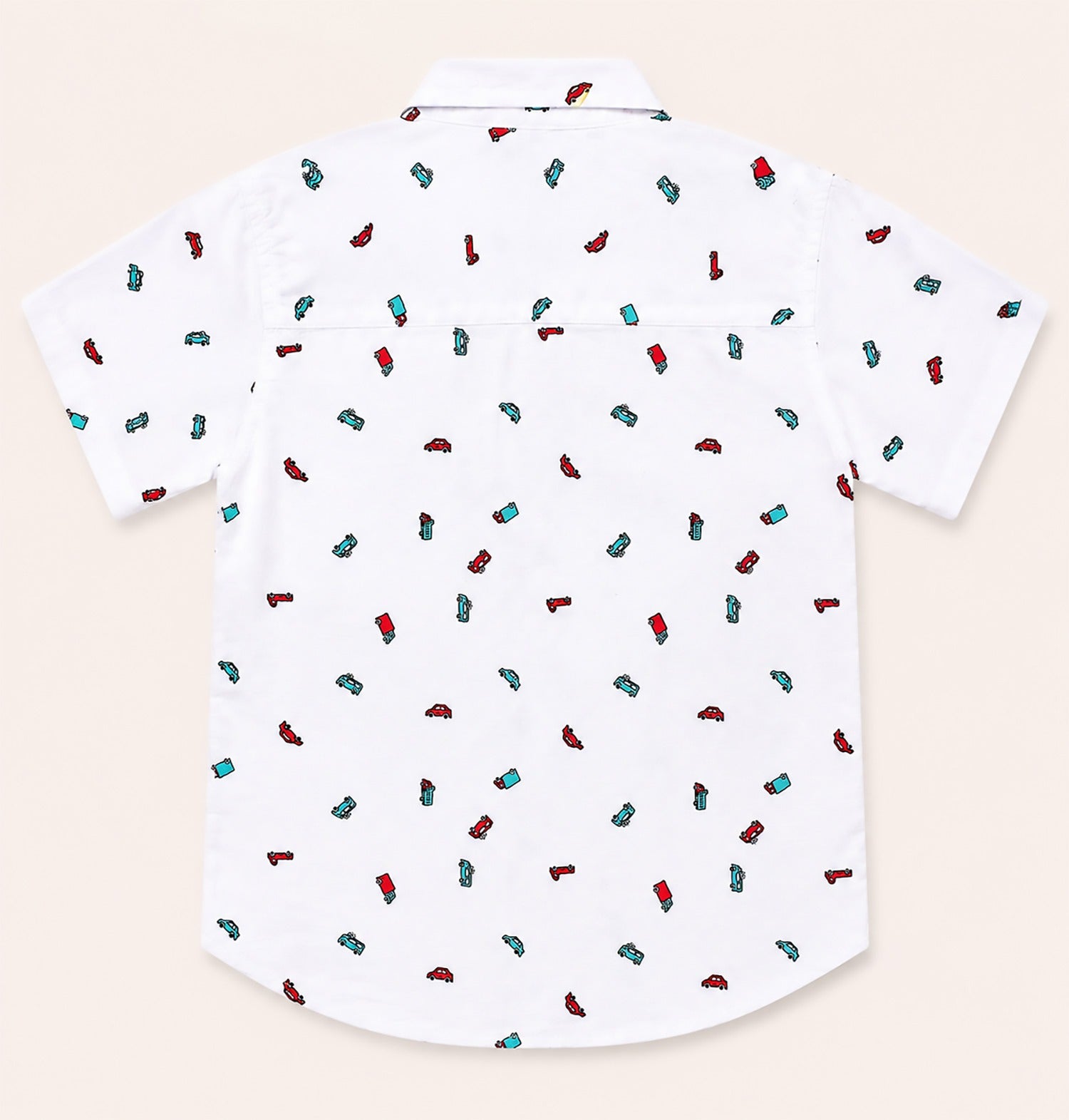 Back view of a white kids short-sleeve button-down shirt showcasing the playful, repeating multi-colored vehicle print.