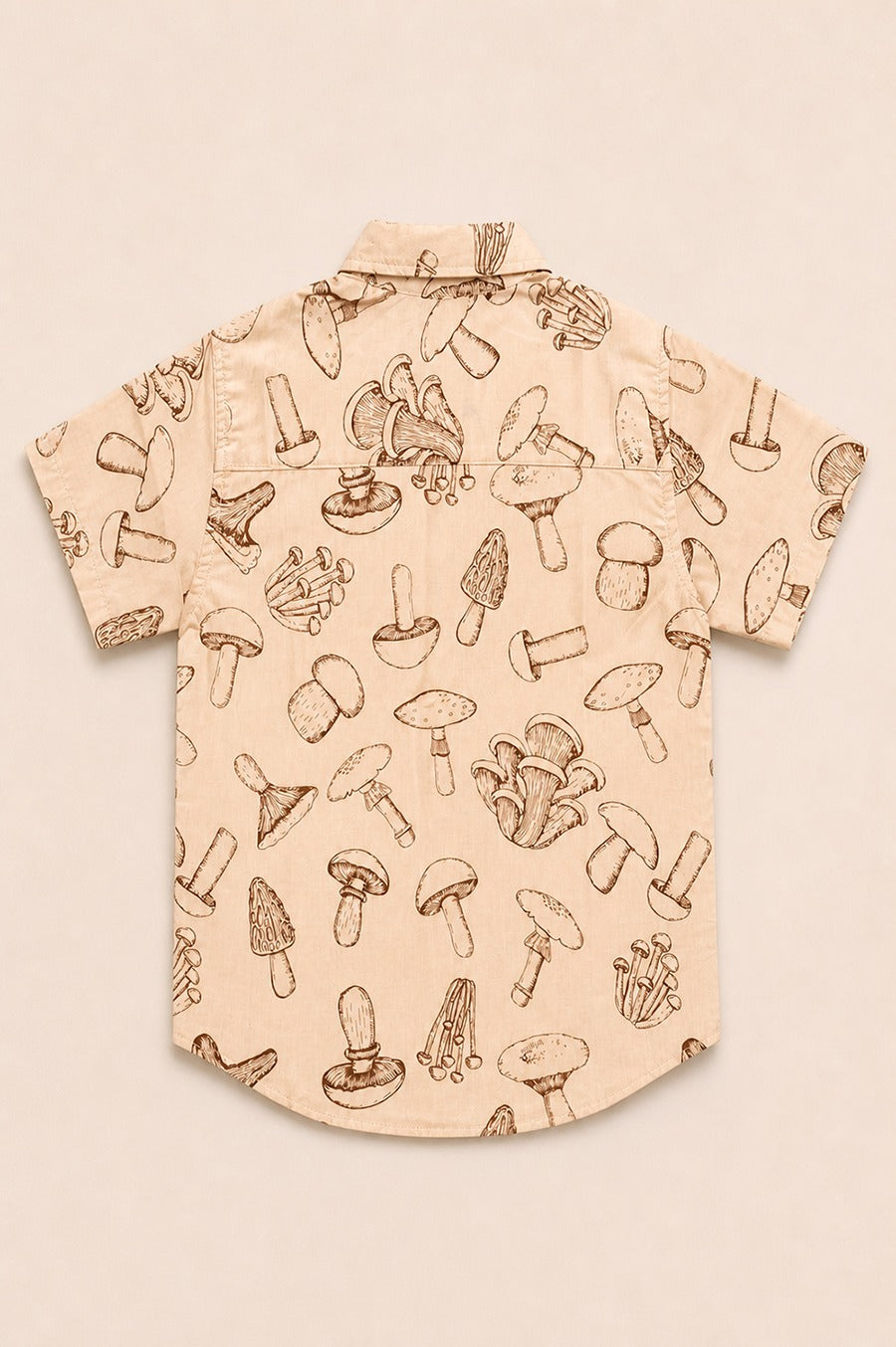 Two Moons Canada kids short-sleeve button-down shirt back side featuring a brown vintage botanical mushroom print on a beige background