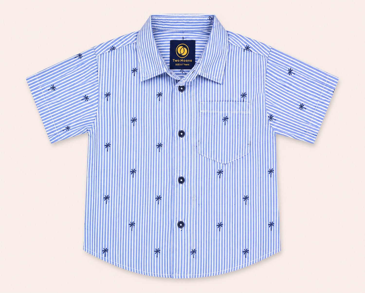 Front view of a light blue and white striped kids short-sleeve button-down shirt featuring small navy blue palm trees.