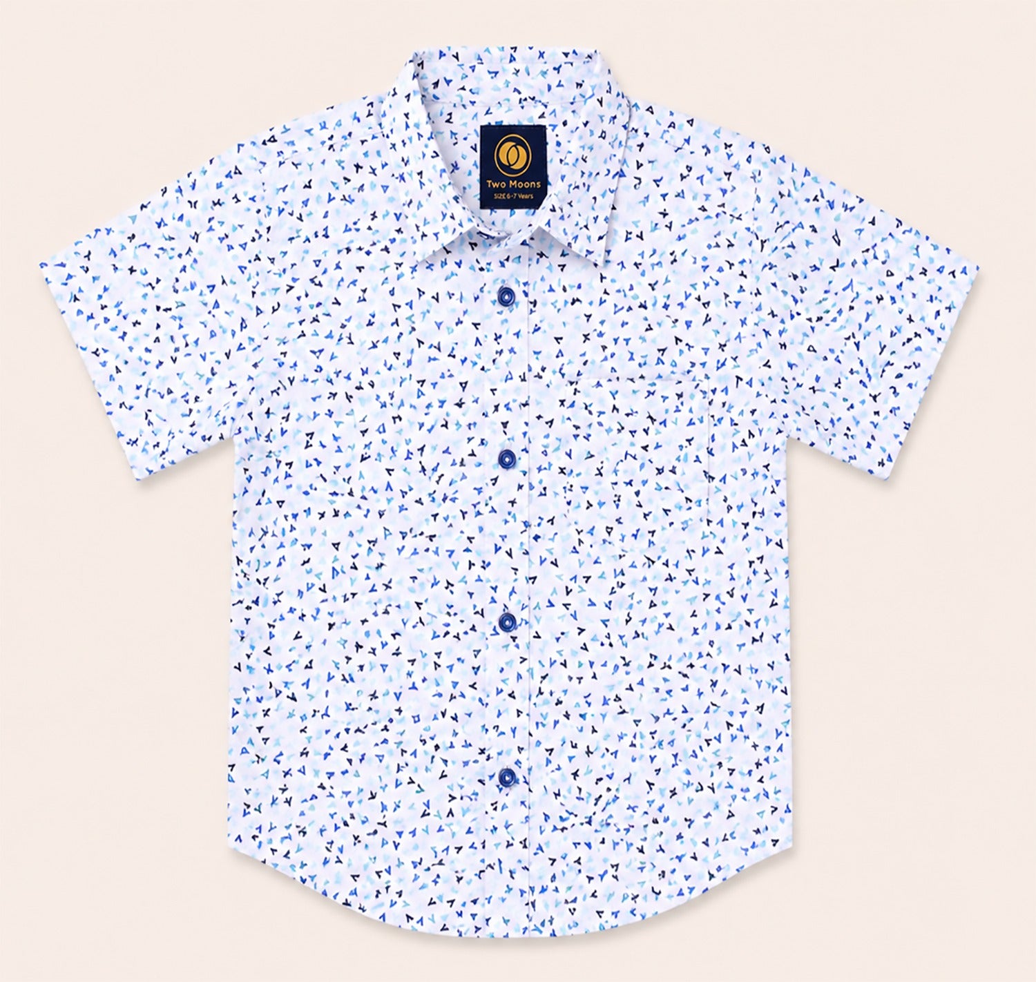 Front view of a white kids short-sleeve button-down shirt featuring a scattered blue abstract micro-print pattern with dark navy buttons.