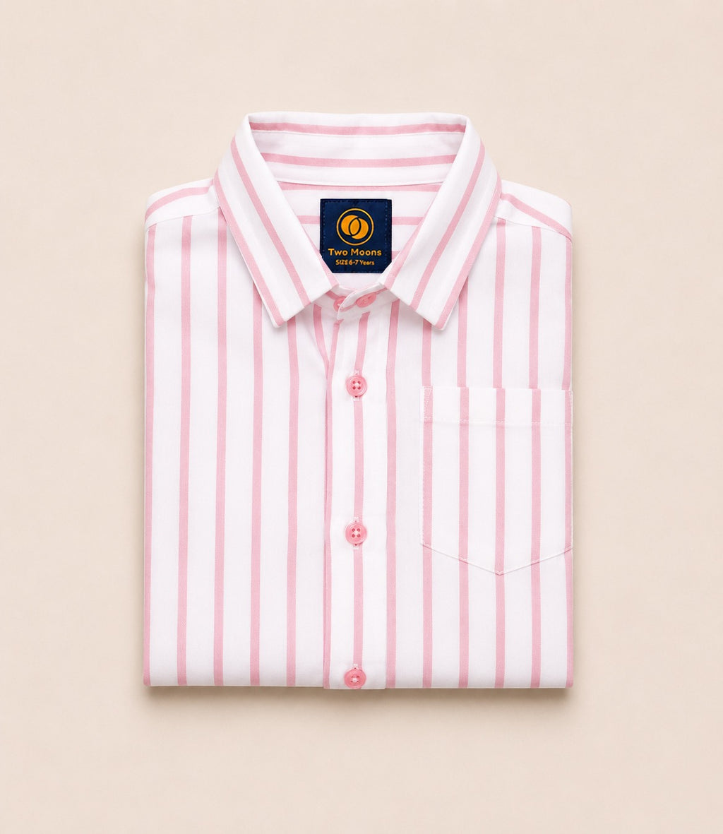 Neatly folded kids button-down shirt highlighting the crisp pink and white vertical stripes and coordinating pink buttons.