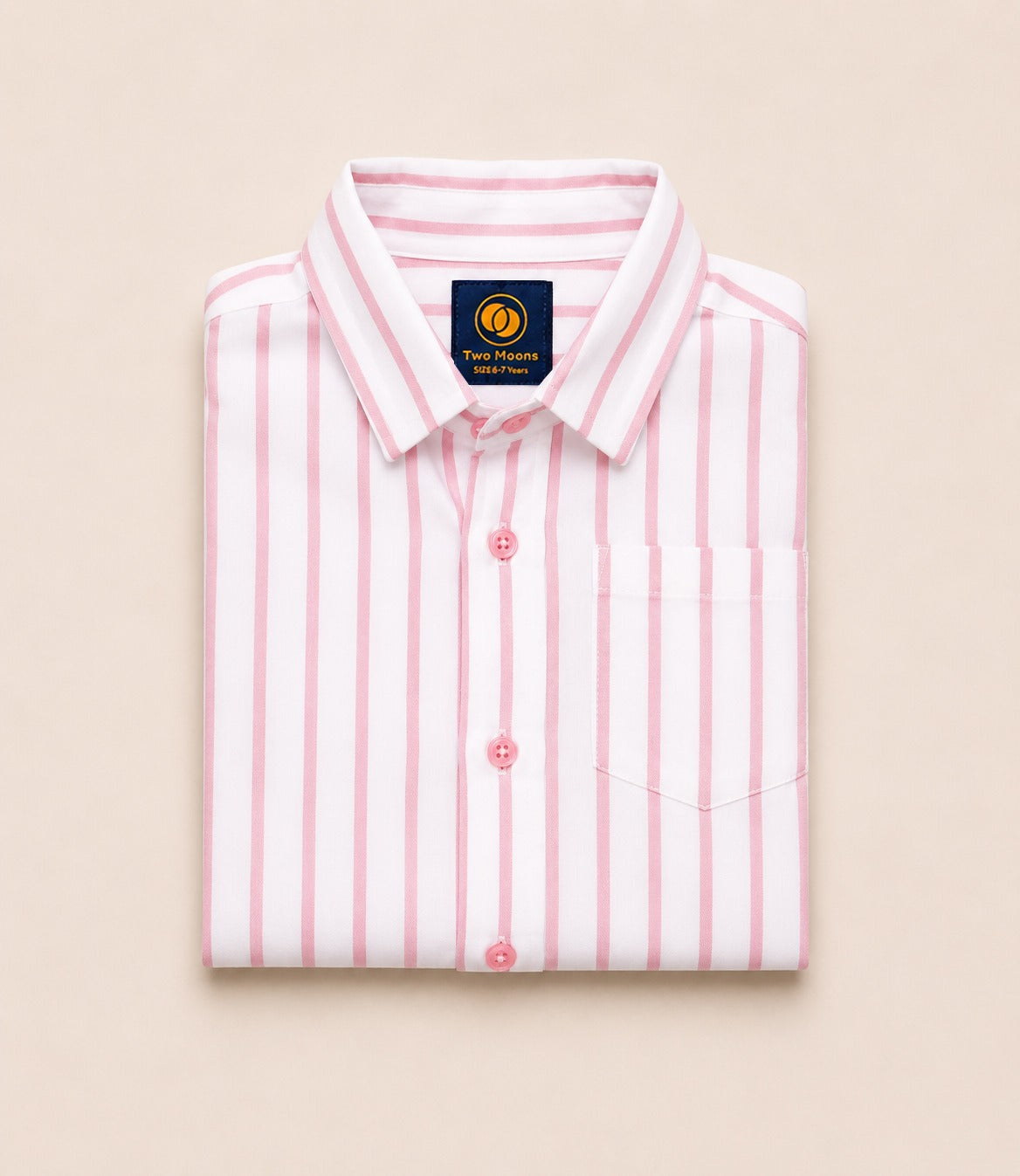 Neatly folded kids button-down shirt highlighting the crisp pink and white vertical stripes and coordinating pink buttons.