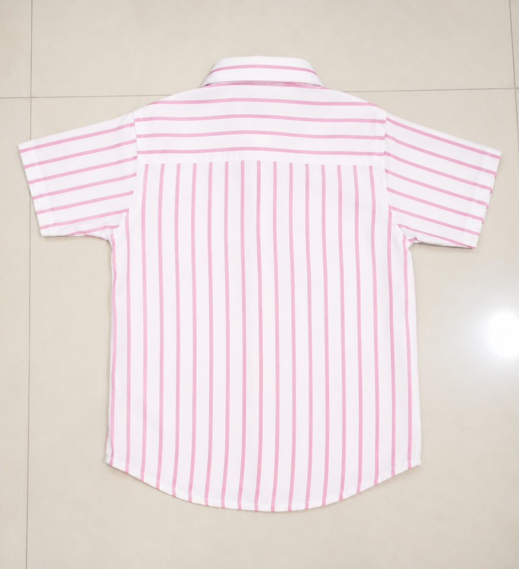 Back view of a kids short-sleeve button-down shirt showcasing the timeless pink and white vertical stripe print.