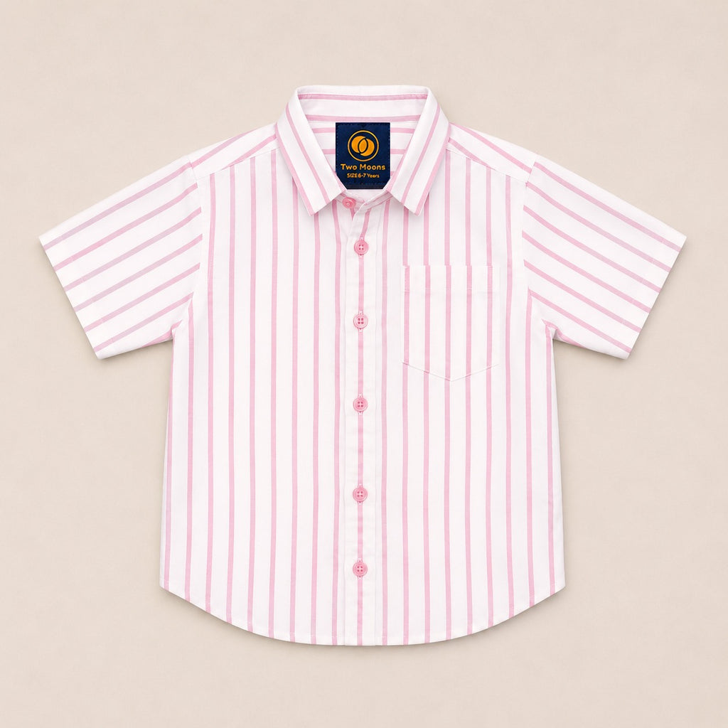 Front view of a kids short-sleeve button-down shirt featuring a classic pink and white vertical stripe pattern with matching pink buttons.