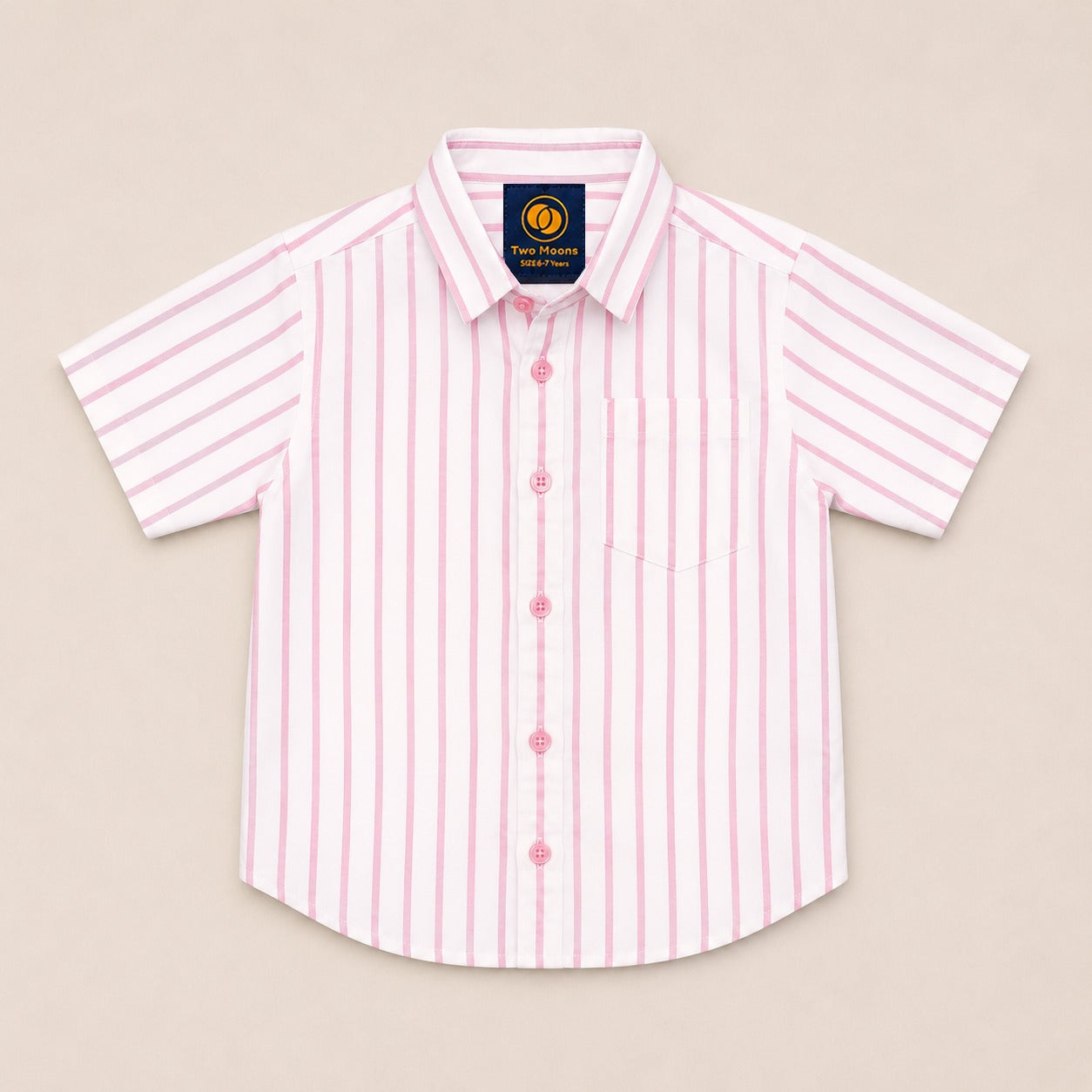 Front view of a kids short-sleeve button-down shirt featuring a classic pink and white vertical stripe pattern with matching pink buttons.