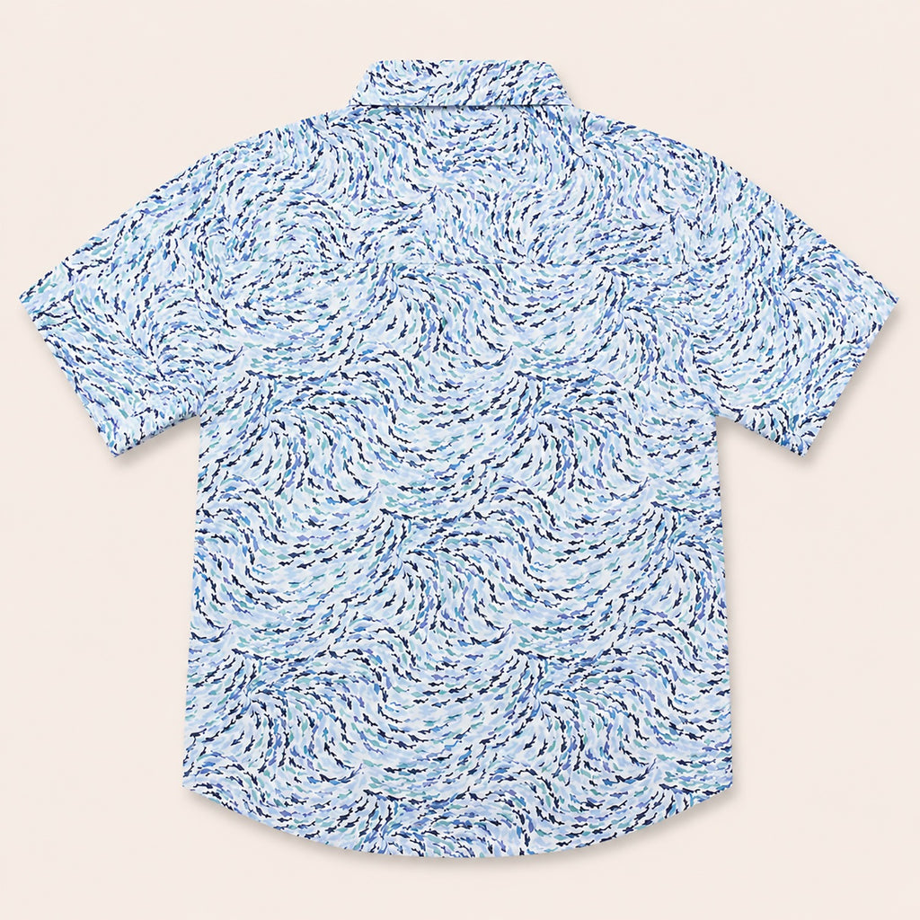 Back view of a kids short-sleeve button-down shirt showcasing the dynamic blue and teal abstract swirling pattern.