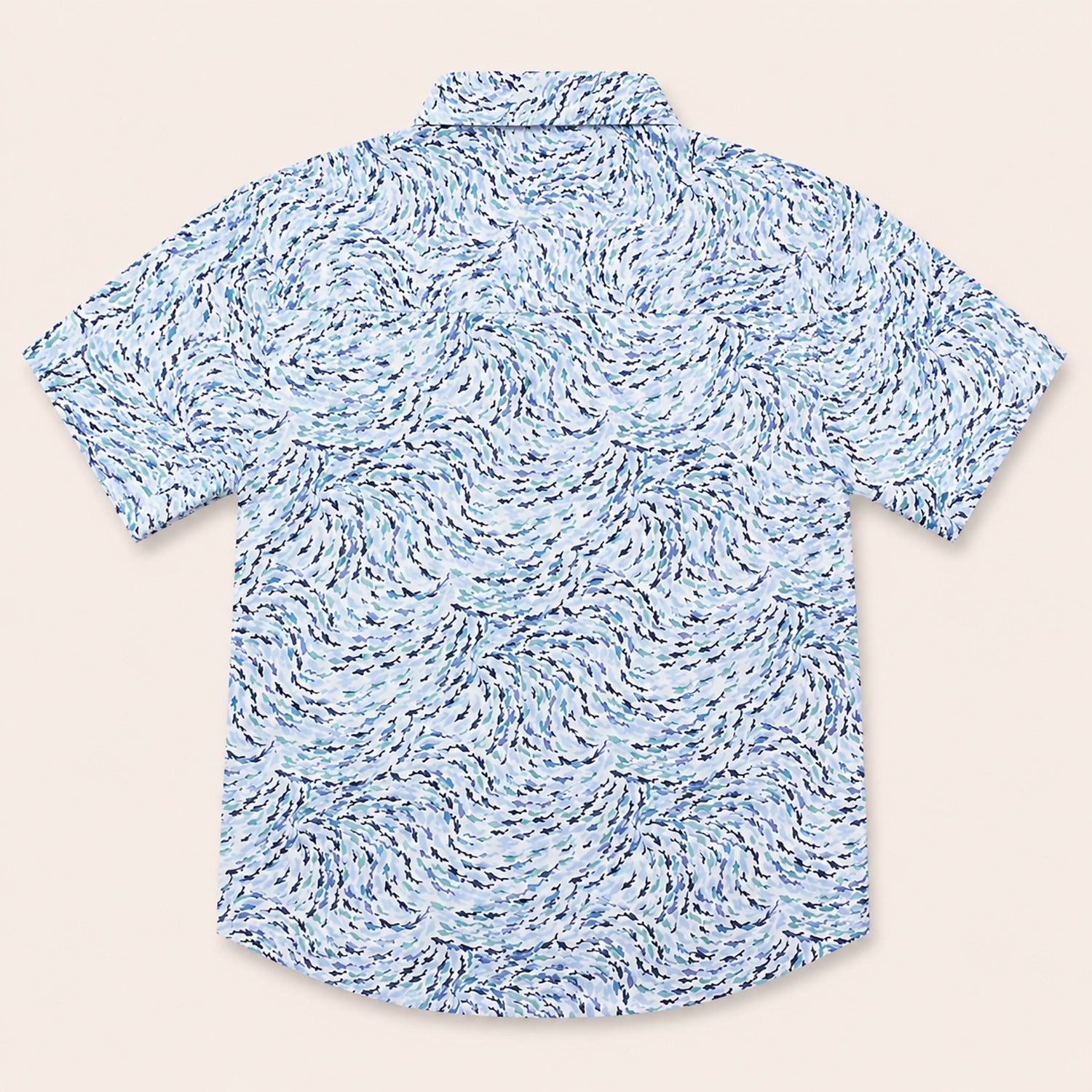 Back view of a kids short-sleeve button-down shirt showcasing the dynamic blue and teal abstract swirling pattern.