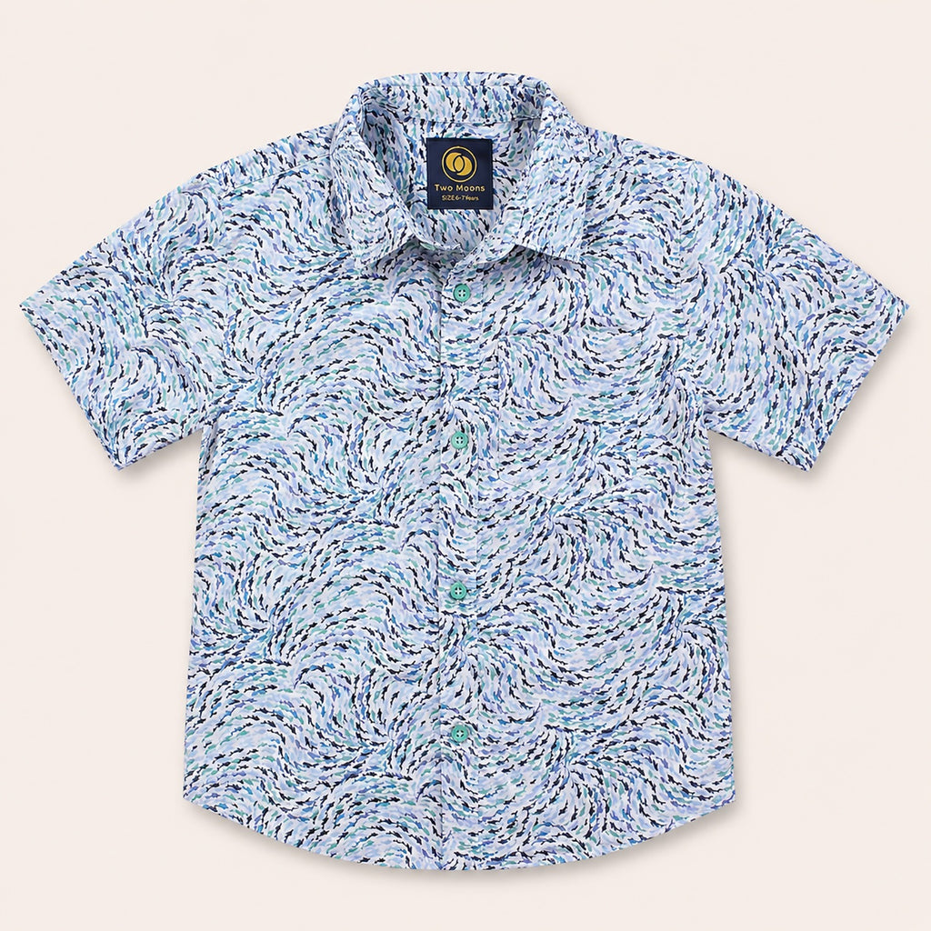 Front view of a kids short-sleeve button-down shirt featuring a swirling blue and teal abstract ocean wave pattern with light teal buttons.