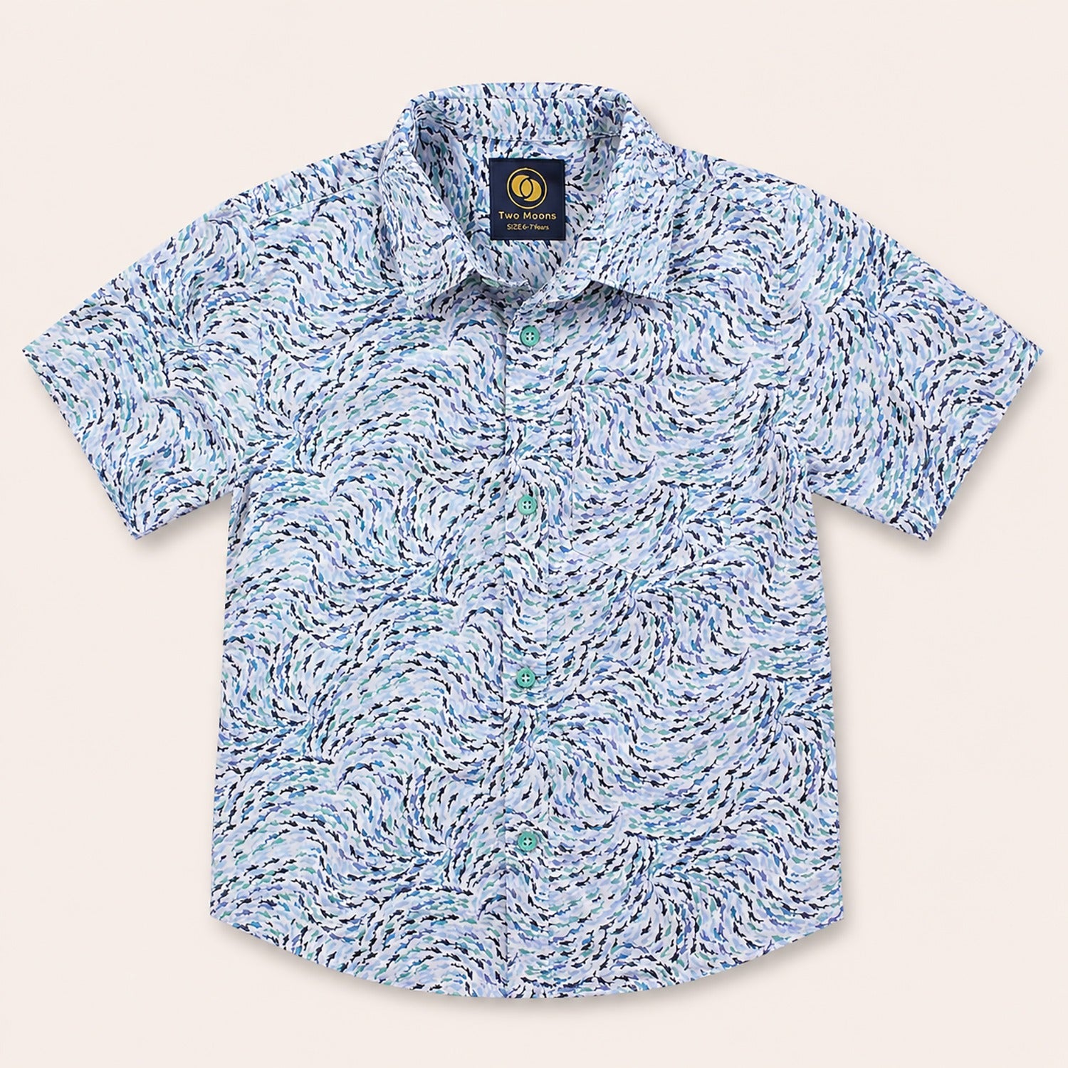 Front view of a kids short-sleeve button-down shirt featuring a swirling blue and teal abstract ocean wave pattern with light teal buttons.