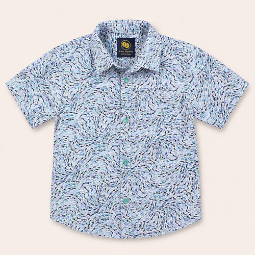Front view of a kids short-sleeve button-down shirt featuring a swirling blue and teal abstract ocean wave pattern with light teal buttons.