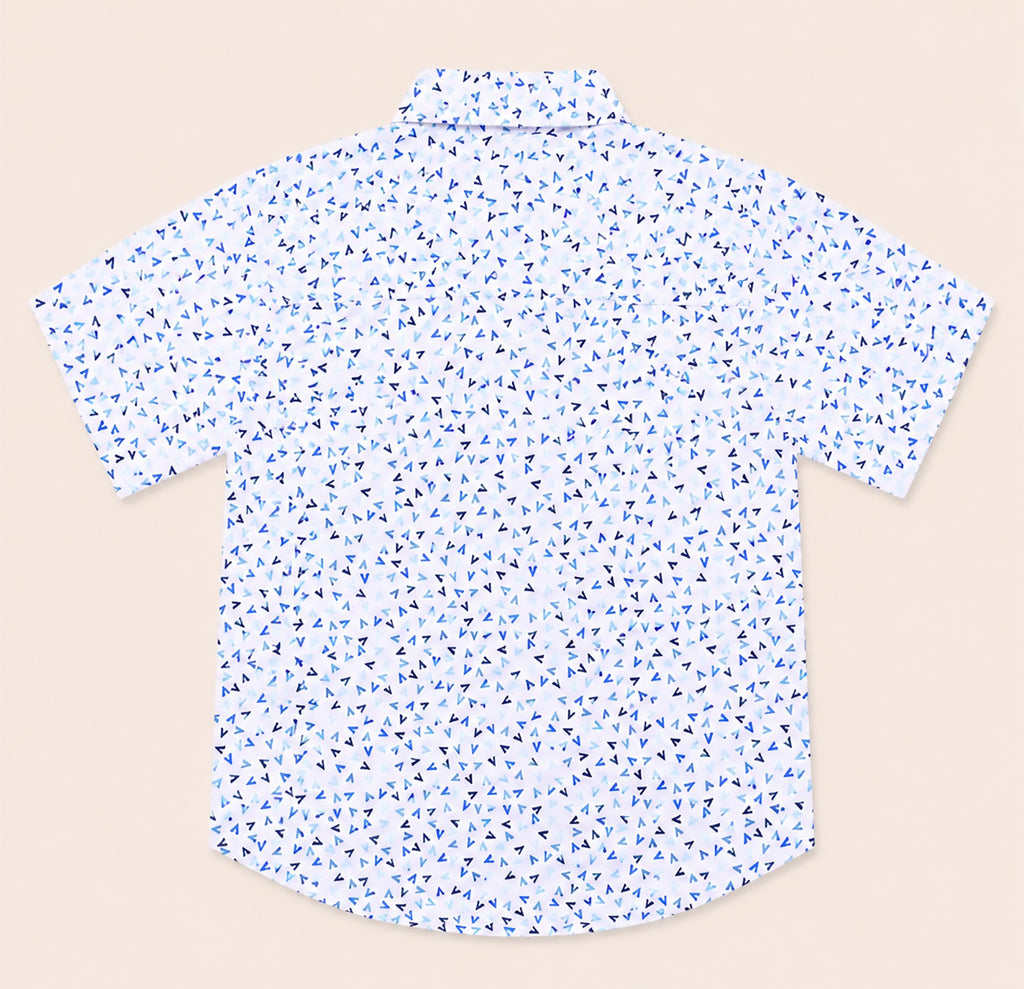 Back view of a white kids short-sleeve button-down shirt showcasing the repeating blue abstract geometric micro-print.