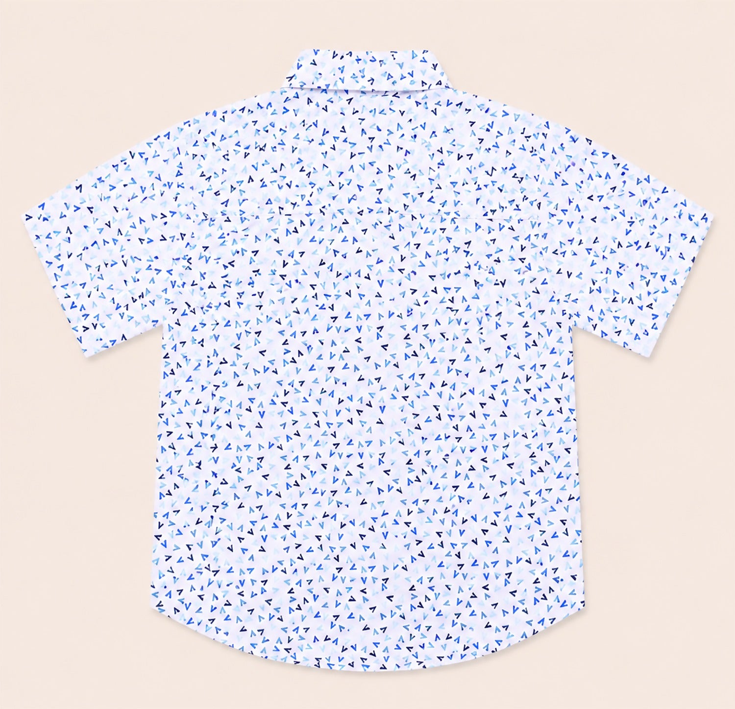 Back view of a white kids short-sleeve button-down shirt showcasing the repeating blue abstract geometric micro-print.