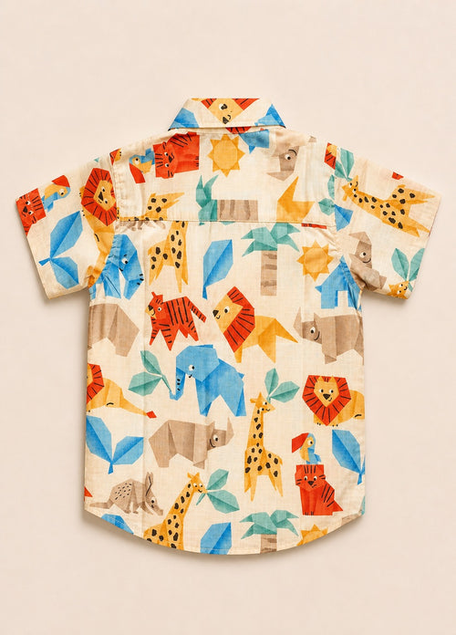 Back view of a cream-colored kids short-sleeve button-down shirt showing the colorful geometric origami lions, elephants, and giraffes.
