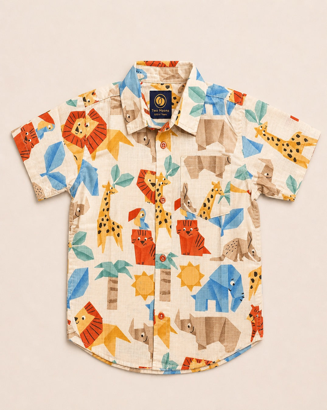 Front view of a cream-colored kids short-sleeve button-down shirt featuring a colorful geometric origami safari animal print.